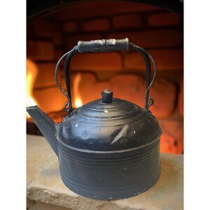 Rustic Vintage Black Metal Teapot Planter Decor With Wooden Handle